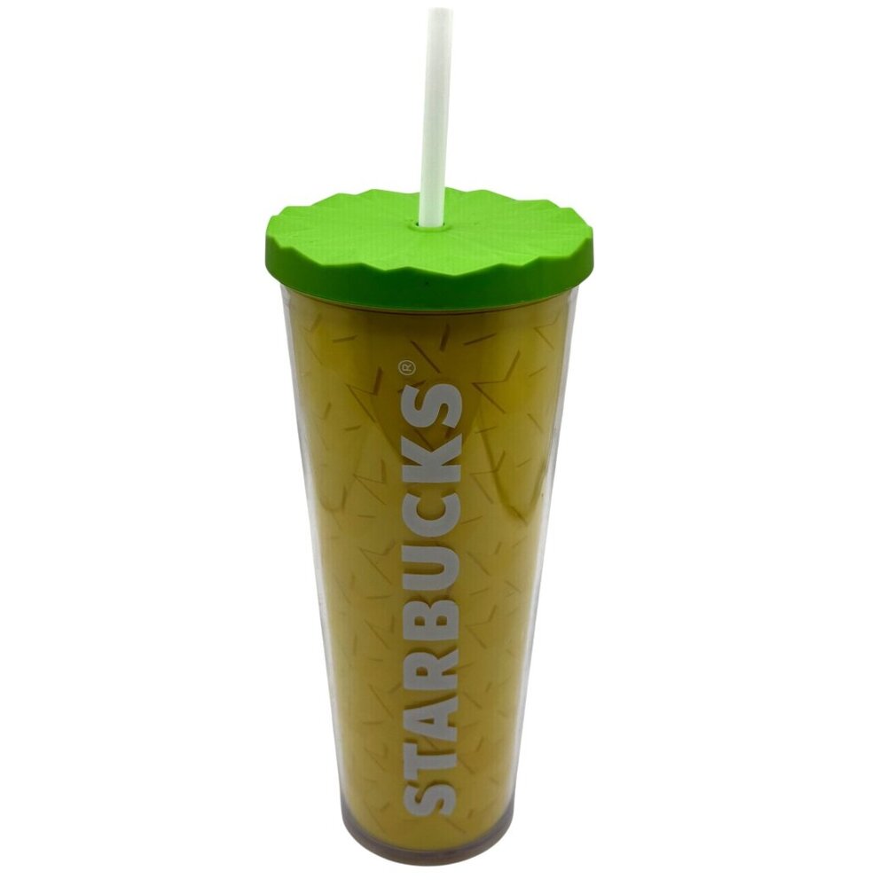 Starbucks 2014 Pineapple Cold Cup Tumbler Venti 24 Ounce Yellow Green Lid Straw